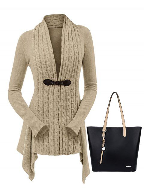 Cable Knit Asymmetrical Long Cardigan And Pomelo Best Large Capacity Faux Leather One Shoulder Tote Bag Set