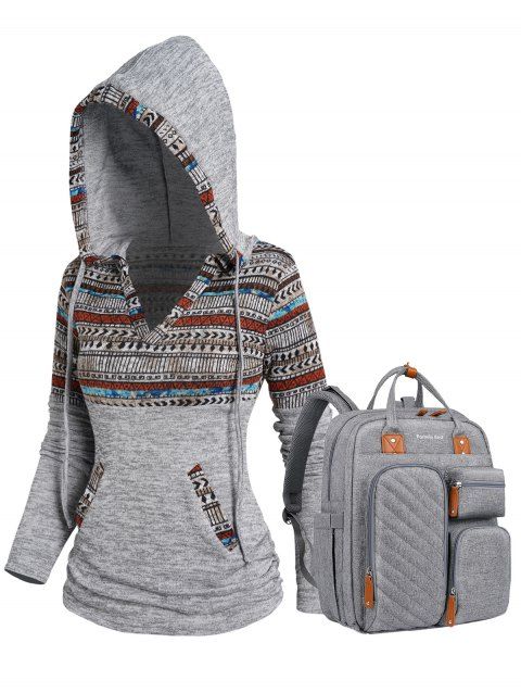 Tribal Pattern Panel Flocking Liner V Neck Knit Hoodie And Pomelo Best Multifunction Large Capacity Backpack Diaper Bag Set