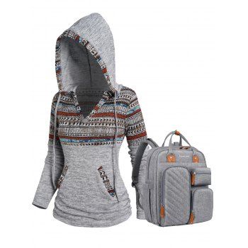 

Tribal Pattern Panel Flocking Liner V Neck Knit Hoodie And Pomelo Best Multifunction Large Capacity Backpack Diaper Bag Set, Gray