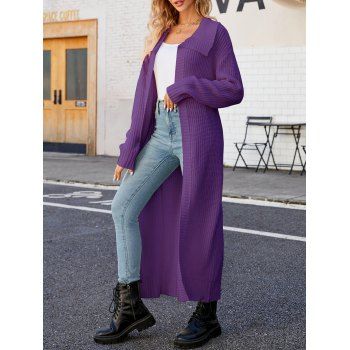 

Solid Color Longline Sweater Cardigan Coat Open Front Turndown Collar Cardigan Coat, Purple