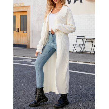 

Solid Color Longline Sweater Cardigan Coat Open Front Turndown Collar Cardigan Coat, Crystal cream