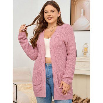 

Plus Size Drop Shoulder Long Sweater Cardigan Solid Color Twist Open Front Pocket Patches Long Cardigan, Light pink