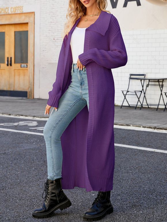 Manteau Pull Cardigan Long Ouvert en Avant en Couleur Unie à Col Relevé - Pourpre XL | US 10