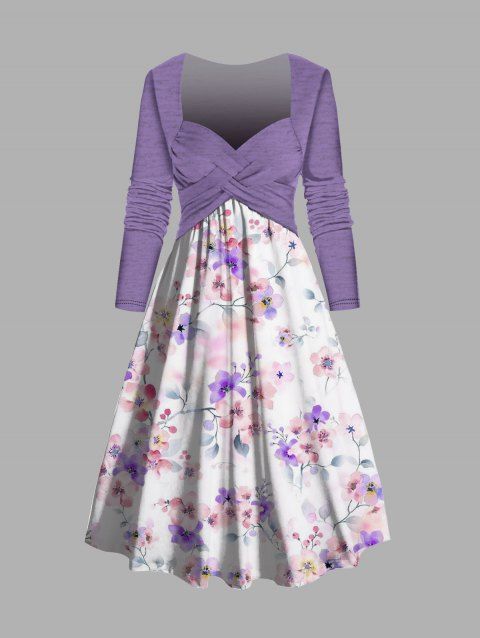 Floral Print Long Sleeve Dress Crossover Sweetheart Neck High Waist Combo Dress