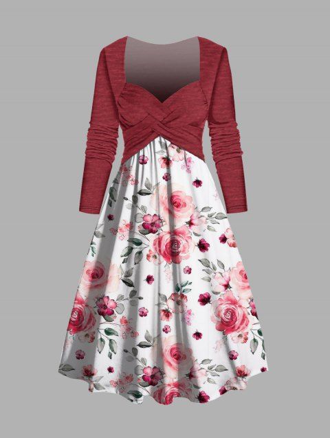 Flower Print Long Sleeve Midi Dress Crossover Sweetheart Neck High Waist Combo Dress