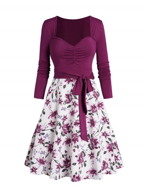Floral Print Ruched Belt Dress Sweetheart Collar A Line Mini Dress