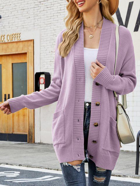 Drop Shoulder Button Up Long Knit Cardigan Solid Color Ribbed Hem Pocket Patches Knitted Cardigan