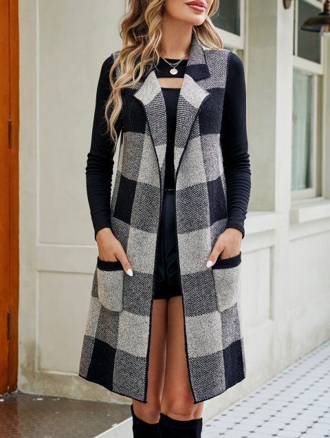 Gilet à Col Tailleur en Tricot à Motif de Carreaux avec Poches