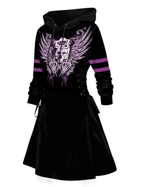Halloween Lace Up Hoodie Dress Skull Skeleton Hand Rose Wing Stripe Print Drawstring Dress With Hooded