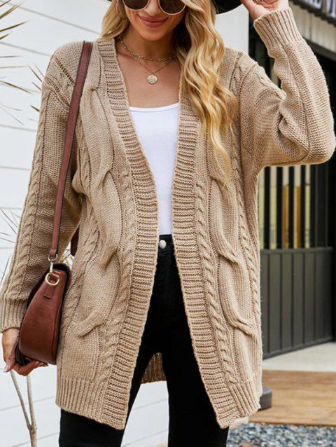 Twist Cable Knit Sweater Cardigan Open Front Solid Color Ribbed Hem Cardigan