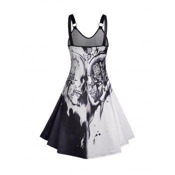 Two Tone Skull Print Gothic Dress O Ring V Neck Casual Tank Dress 