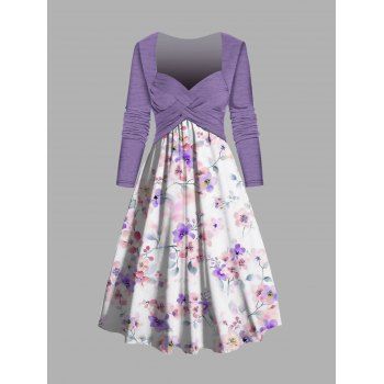 

Floral Print Long Sleeve Dress Crossover Sweetheart Neck High Waist Combo Dress, Light purple