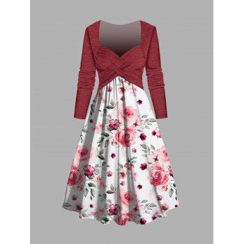 

Flower Print Long Sleeve Midi Dress Crossover Sweetheart Neck High Waist Combo Dress, Red