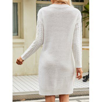 Drop Shoulder Twisted Cable Knit Mini Sweater Dress Side Slit Solid Color Notched Sweater Dress