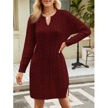 

Drop Shoulder Twisted Cable Knit Mini Sweater Dress Side Slit Solid Color Notched Sweater Dress, Deep red