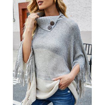 

Colorblock Tassel High Neck Knit Cape Mock Button Knitted Poncho, Light gray