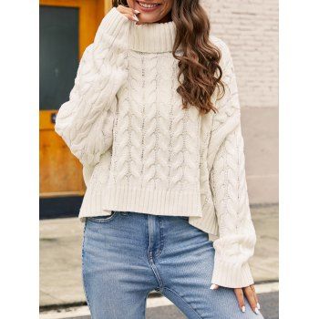 

Drop Shoulder Twist Cable Knit Sweater Turtleneck Solid Color Ribbed Hem Sweater, White