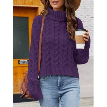 

Drop Shoulder Twist Cable Knit Sweater Turtleneck Solid Color Ribbed Hem Sweater, Purple