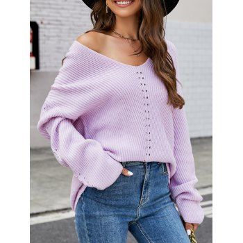 

Drop Shoulder High Low Knit Sweater V Neck Solid Color Hollow Out Loose Knitted Sweater, Light purple