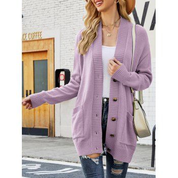 

Drop Shoulder Button Up Long Knit Cardigan Solid Color Ribbed Hem Pocket Patches Knitted Cardigan, Light purple