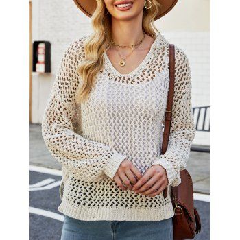 

Hooded Hollow Out Crochet Fishnet Sweater Drop Shoulder Side Slit Solid Color Sweater With Hood, Light coffee