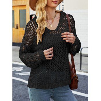 

Hooded Hollow Out Crochet Fishnet Sweater Drop Shoulder Side Slit Solid Color Sweater With Hood, Black