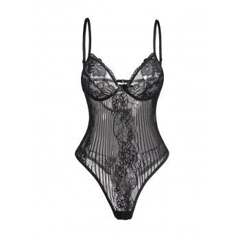 

See Thru Lace Teddy Sheer Mesh Panel Spaghetti Strap Lingerie Bodysuit, Black