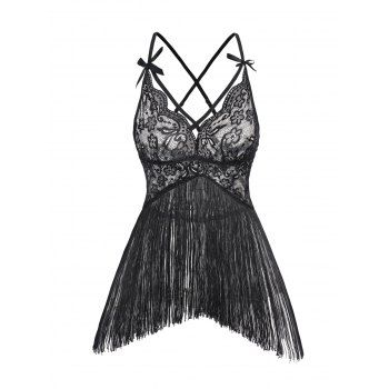 

Sheer Floral Lace Tassel Babydoll Lingerie Set Crisscross Spaghetti Strap T-string Lingerie Set, Black