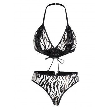 

Zebra Print Lace Up Bra And Panty Set Wireless Adjustable Lingerie Set, Black