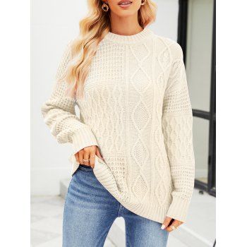 

Geometric Cable Knit Drop Shoulder Sweater Solid Color Crew Neck Ribbed Hem Pullover Sweater, Light coffee