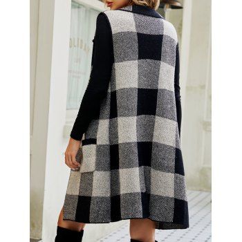 Check Pattern Long Knit Vest Cardigan Open Front Pocket Patches Lapel Collar Knitted Vest