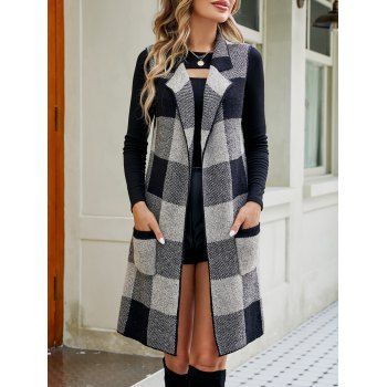 

Check Pattern Long Knit Vest Cardigan Open Front Pocket Patches Lapel Collar Knitted Vest, Black