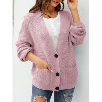 

Drop Shoulder Button Up Sweater Cardigan Pocket Patches Solid Color Cardigan, Light pink