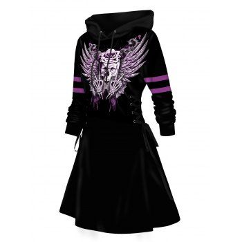 

Halloween Lace Up Hoodie Dress Skull Skeleton Hand Rose Wing Stripe Print Drawstring Dress With Hooded, Black