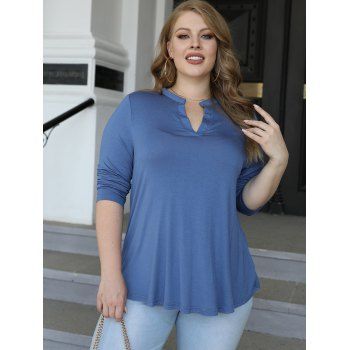 

Plus Size & Curve Casual T-shirt Solid Color Notched Long Sleeve Tee, Sky blue