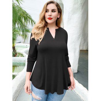 

Plus Size Long Sleeve T-shirt Solid Color Notched Curved Hem Casual Tee, Black