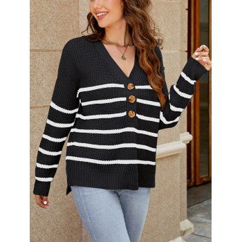 

Stripe Graphic Drop Shoulder Sweater V Neck Half Button Pullover Sweater, Blue