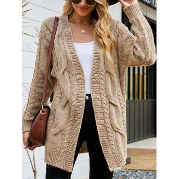 

Twist Cable Knit Sweater Cardigan Open Front Solid Color Ribbed Hem Cardigan, Light coffee