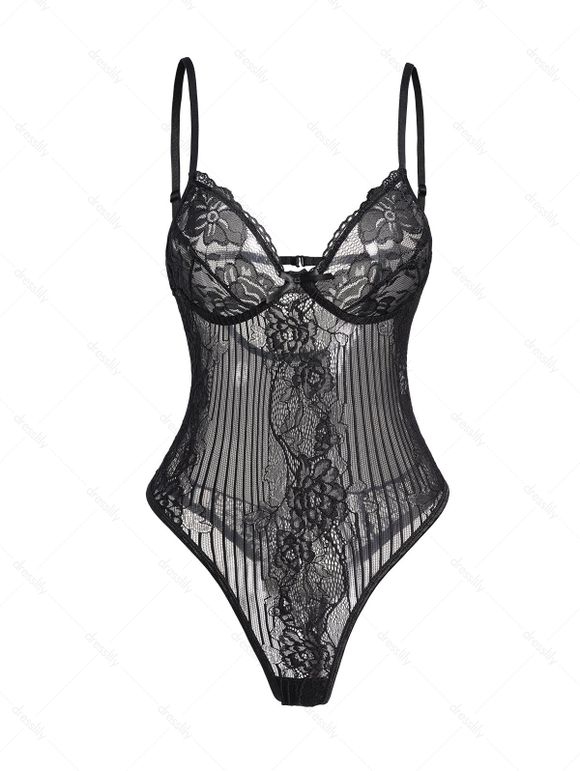 Body Lingerie à Bretelle Fine en Dentelle en Maille Transparente - Noir XL | US 8