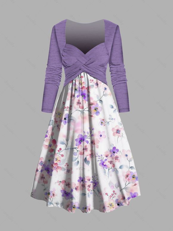 Robe Fleurie Imprimée à Taille Haute à Lacets - Violet clair XXL | US 12