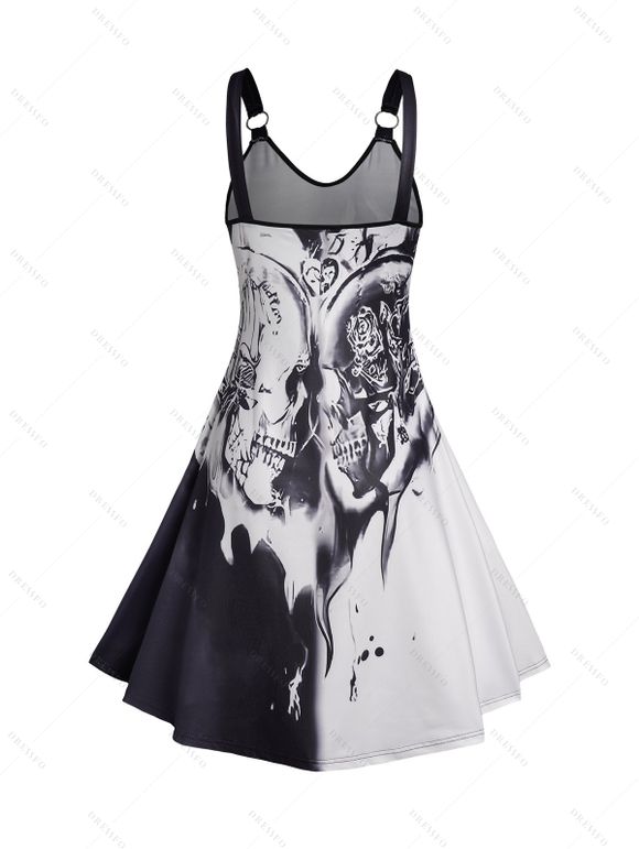 Robe Décontractée Gothique Bicolore à Imprimé Crâne en O à Col V - Noir S