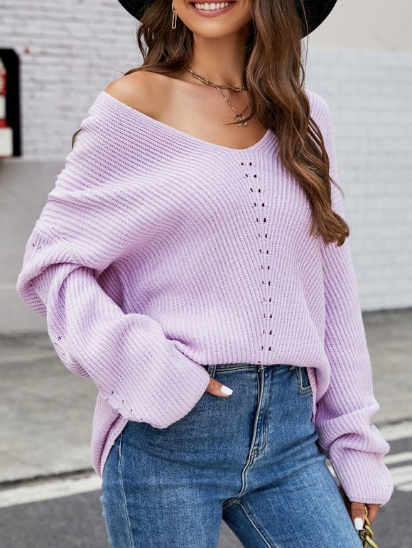 Pull Tricoté Evidé Lâche Haut Bas à Goutte Epaule en Couleur Unie à Col V - Violet clair XXL | US 12