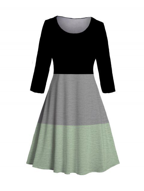 Plus Size & Curve Colorblock Dress Round Neck Three Quarter Sleeve Casual Midi Dress