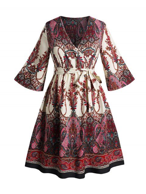 Plus Size Ethnic Print Belt Dress Bohemian Style Surplice Dress