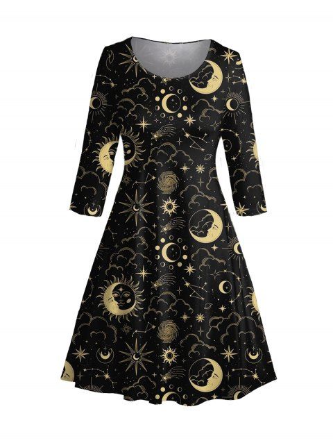 Plus Size & Curve Midi Dress Celestial Sun Moon Star Clouds Allover Print A Line Dress