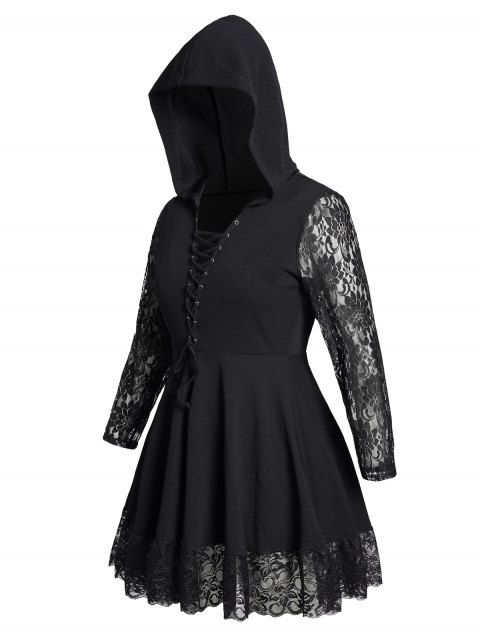 Plus Size Lace Up Gothic Hooded Dress Plain Color Lace Decor Long Sleeve Mini Dress