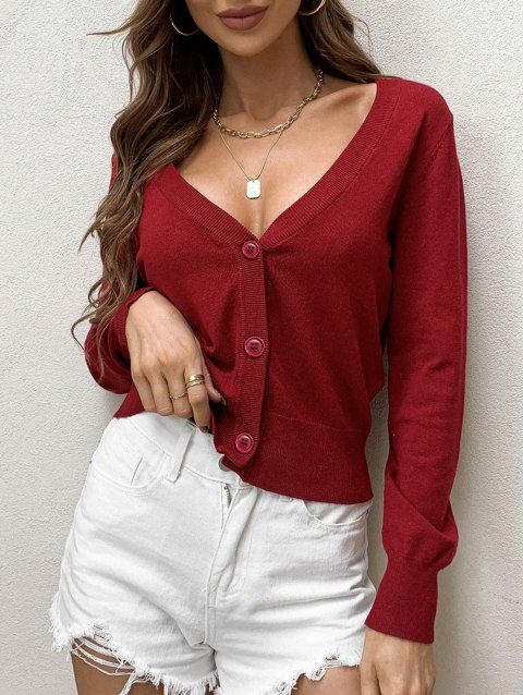 Solid Color Button Up Knit Cardigan V Neck Casual Knitted Cardigan