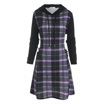 

Plaid Hooded Lace Up Jersey Dress, Light purple