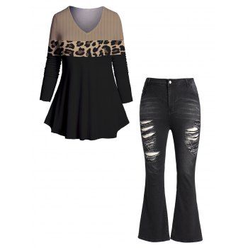 

Plus Size Leopard Print Panel Long Sleeve T-shirt And Ripped Distressed Middle Waist Flare Jeans Outfit, Multicolor