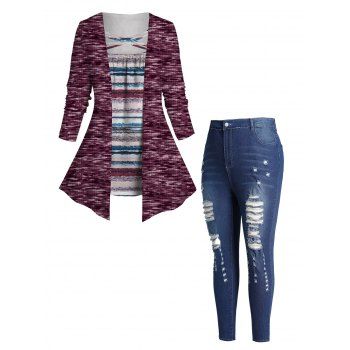 

Plus Size Striped Heathered 3D Print Long Sleeve Faux Twinset T-shirt And Distressed Ripped Middle Waist Denim Jeans Outfit, Multicolor a
